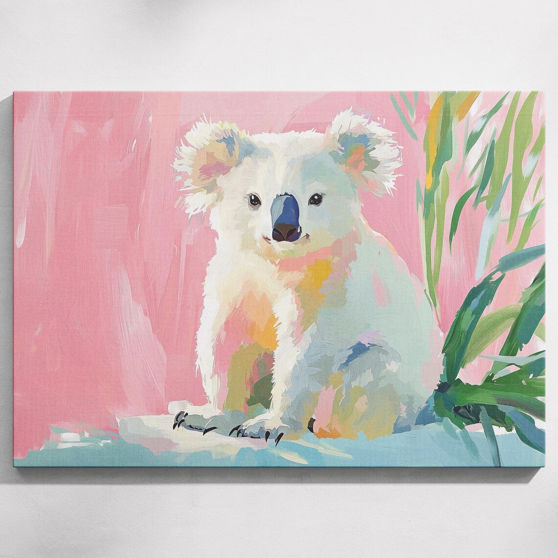 Cute White Koala Portrait Pink Background Eucalyptus Art Poster