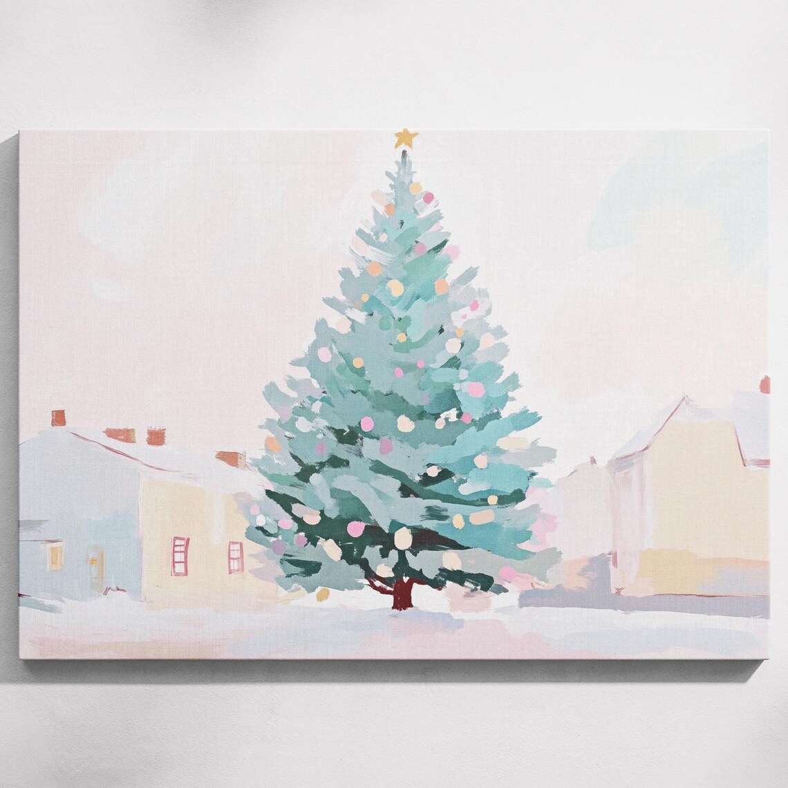 Pastel Christmas Tree Gold Star Snowy Street Winter Art Poster