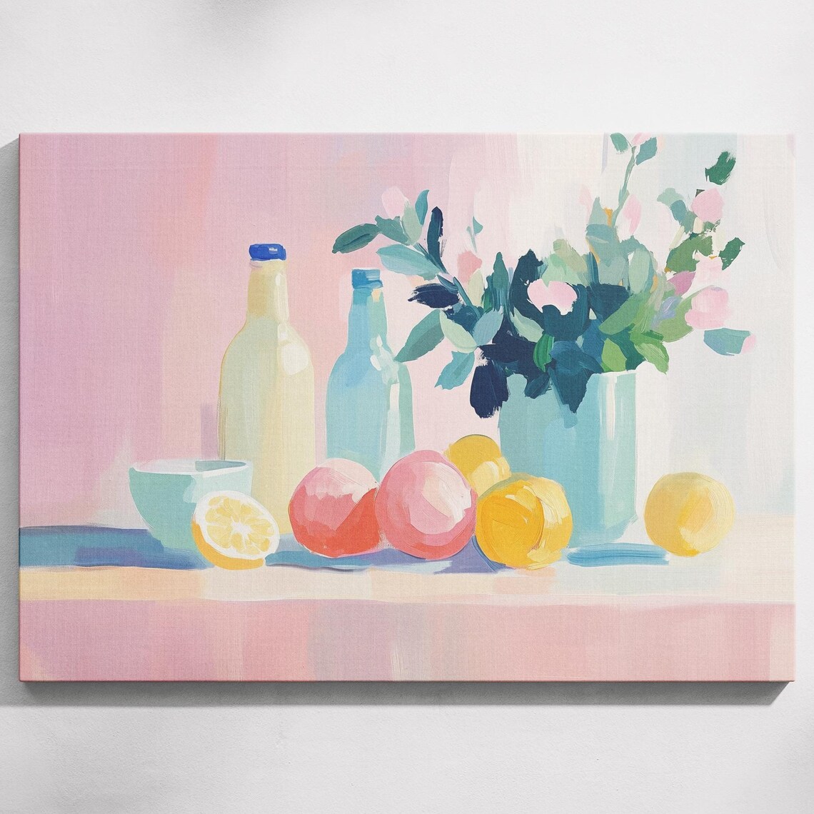 Pastel Still Life Lemons Bottles and Flowers Kitchen Wall Art Print