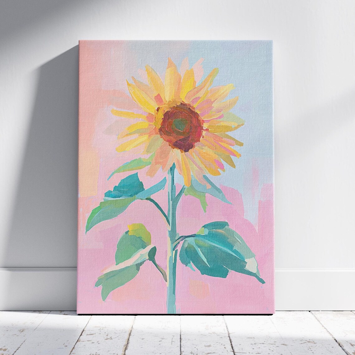 Tall Sunflower Bloom Pastel Painting Pink Background Cheerful Wall Art