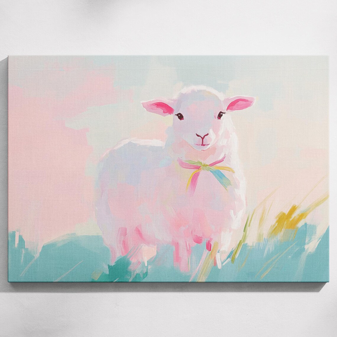 White Lamb Pink Bow Pastel Meadow Sweet Nursery Animal Art Print