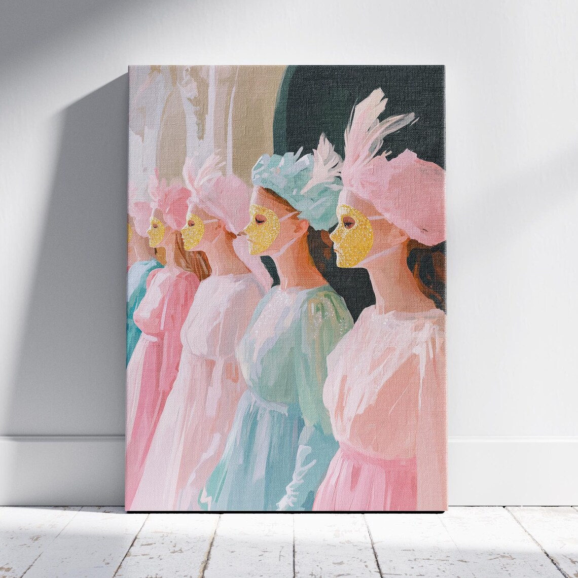 Women In Venetian Masquerade Masks Pastel Gowns Feathered Painting Poster