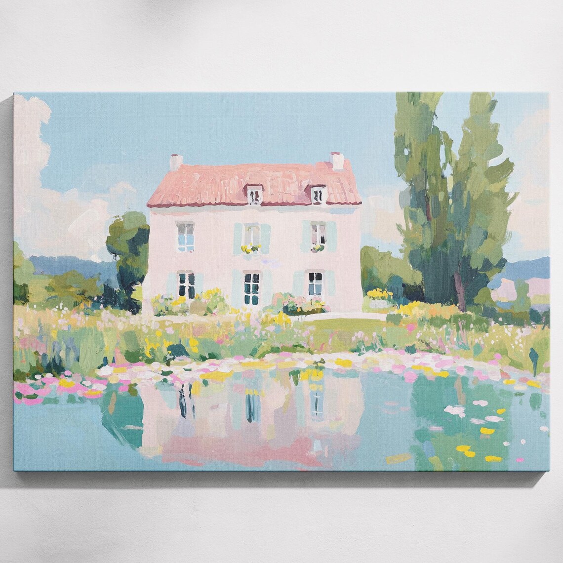 French Country House by Lily Pond Pastel Landscape Travel Poster