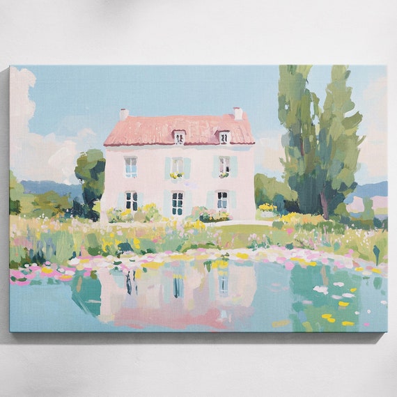 French Countryside Lakehouse Painting Lake Scene Painting Lakehouse Wall Decor Lakehouse Wall Art Lakehouse Print Lakehouse Decor
