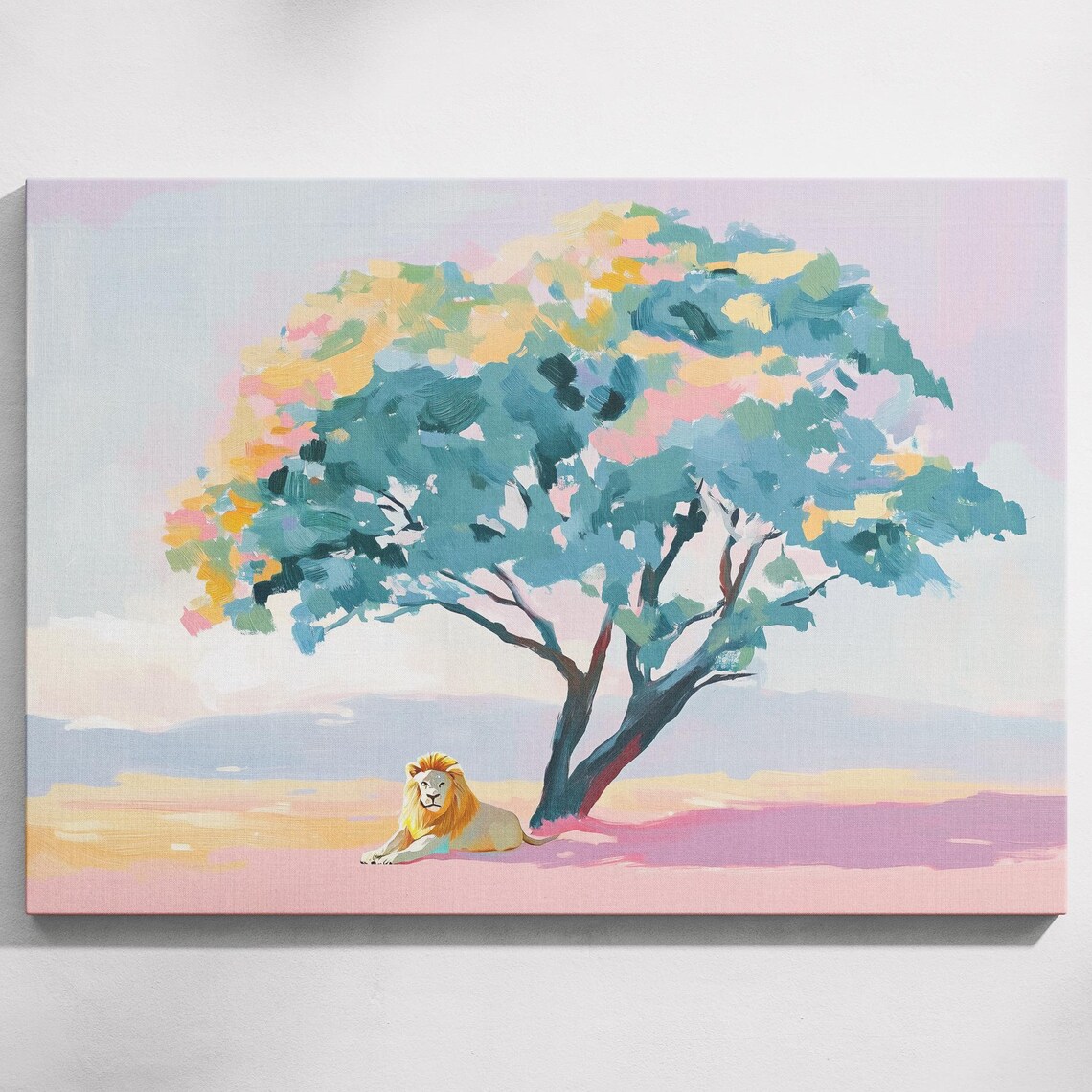 Lion Resting Under Big Pastel Tree Pink Savanna Wildlife Painting Poster