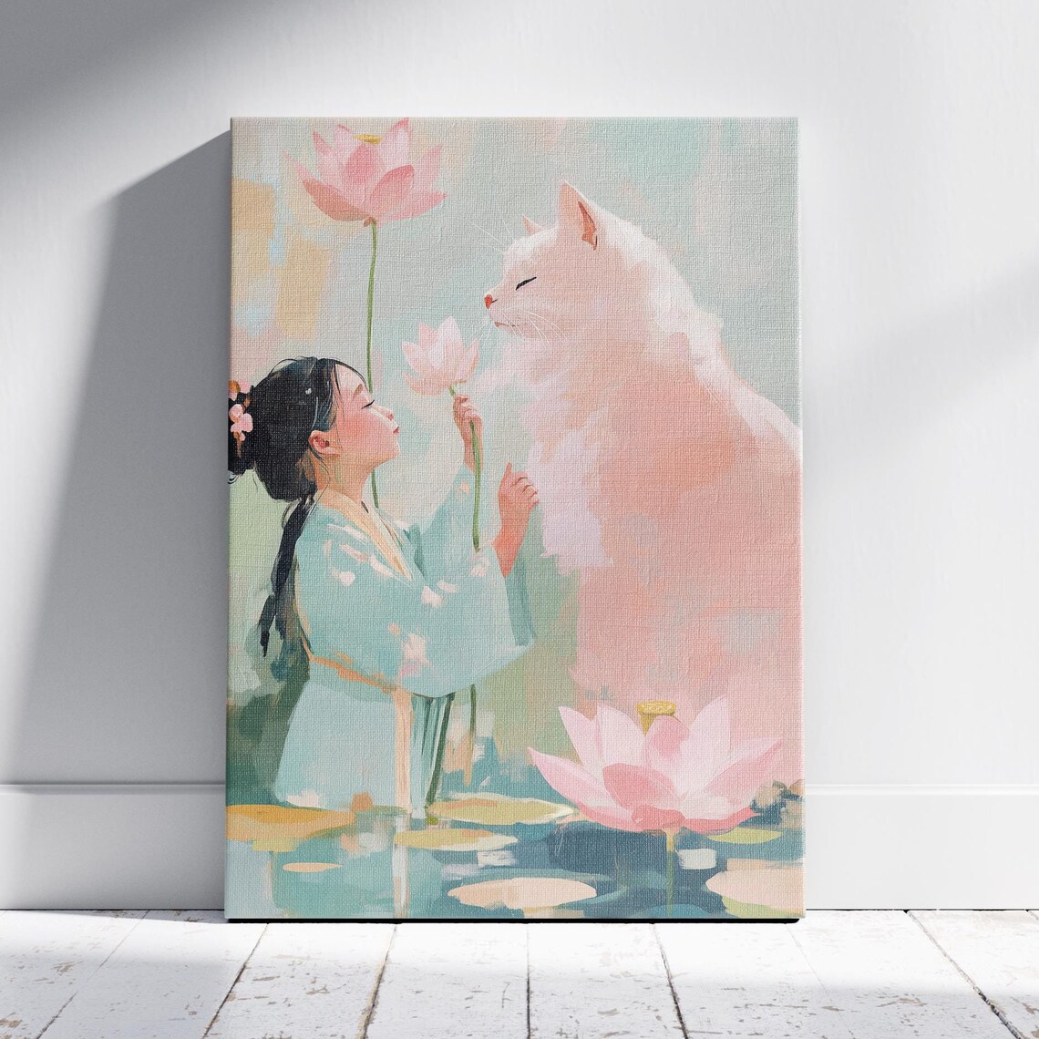 Girl And Giant White Cat Among Pink Lotus Pastel Chinoiserie Print