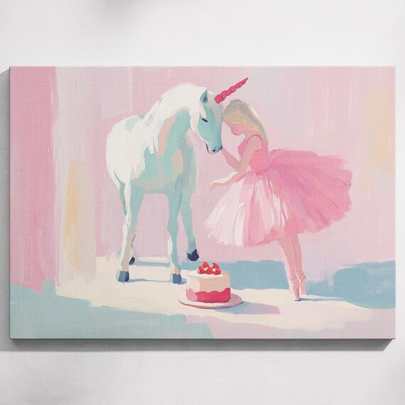 Ballerina Girl Unicorn Pink Tutu Birthday Cake Nursery Art Print