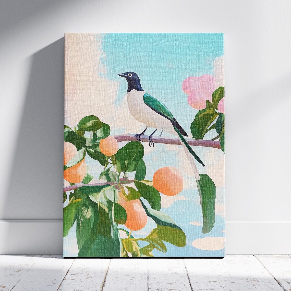 Colorful Bird on Apricot Branch Teal Winged Songbird Art Poster