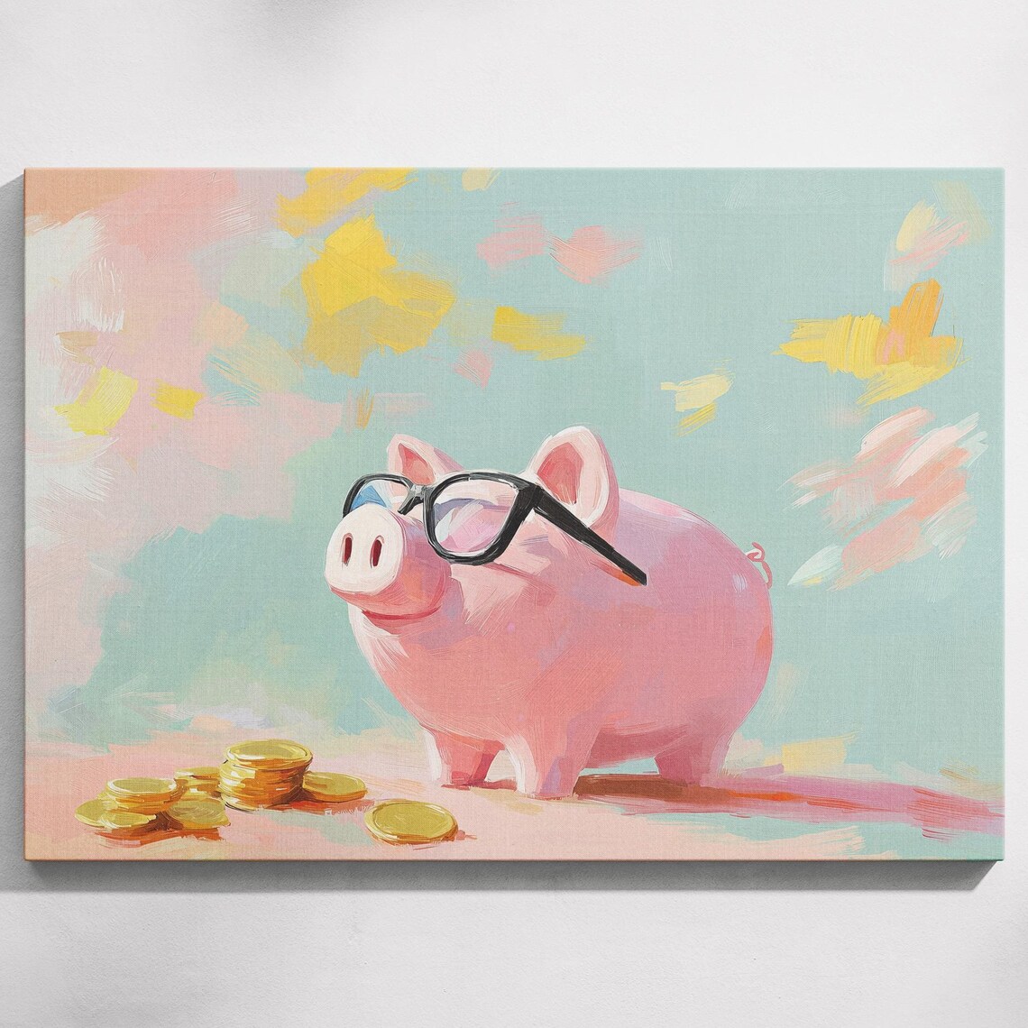 Pink Piggy Bank Glasses Gold Coin Stacks Cute Savings Art Print