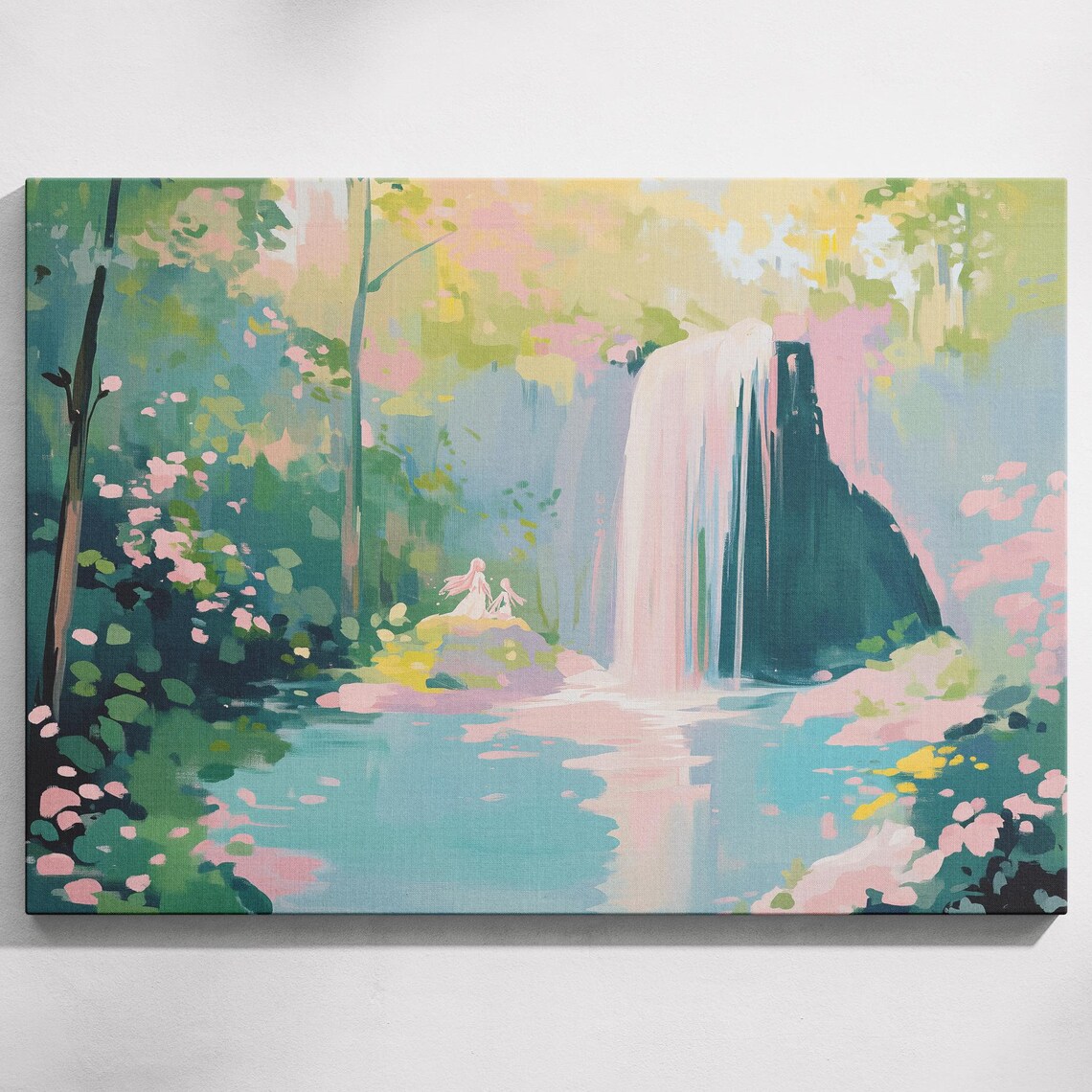 Forest Waterfall Pink Blossoms Fairy Pond Dreamy Nature Art Print