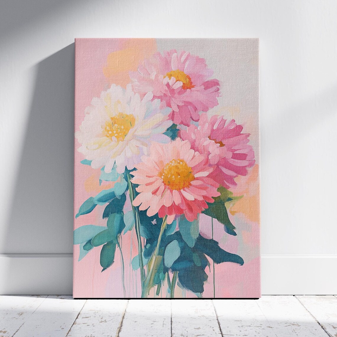 Pink White Daisy Cluster Teal Leaves Blush Floral Wall Art Poster