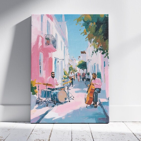 Street Jazz Musicians with Drums and Cello Live Music Pastel Wall Poster