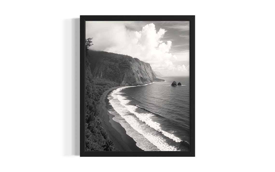 Black Sand Beach With Sea Cliffs Black and White Photo Poster