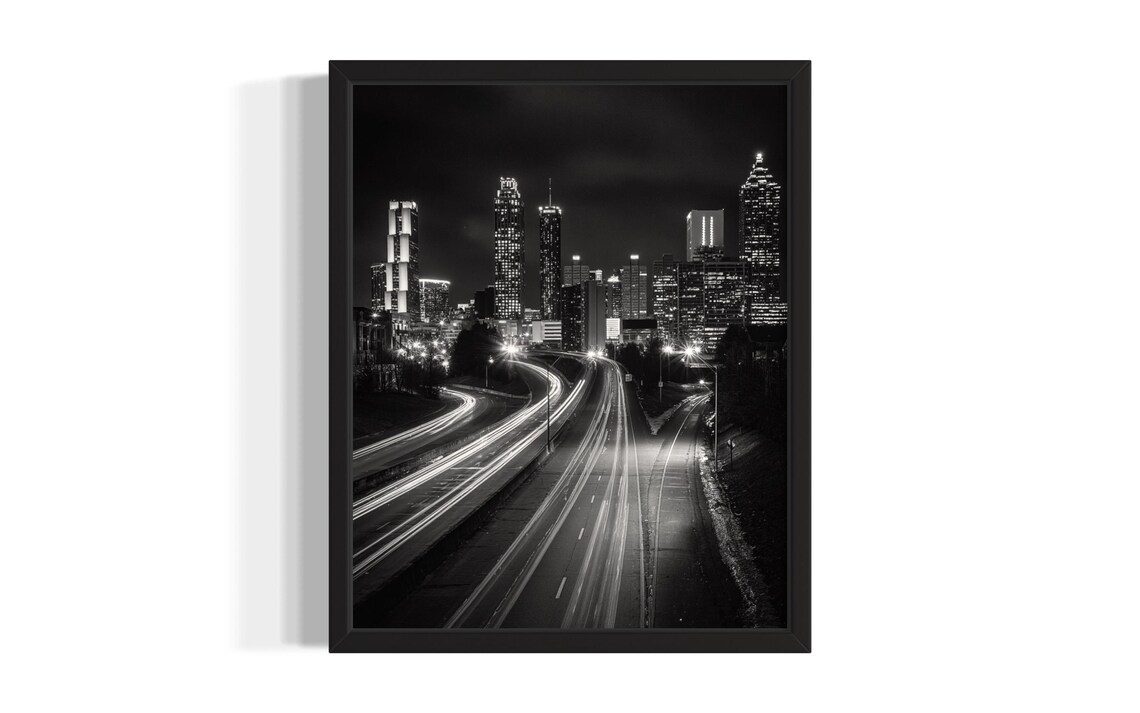 City Skyline at Night With Highway Light Trails Photo Poster