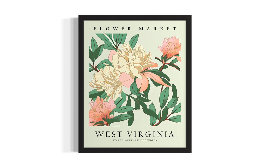 West Virginia Rhododendron Flower Market Botanical Art Poster