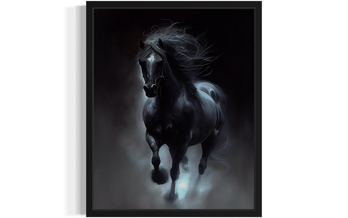 Black Horse Emerging from Mist Dark Moody Equine Art Painting Poster
