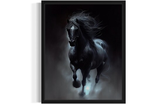 Black Horse Emerging from Mist Dark Moody Equine Art Painting Poster