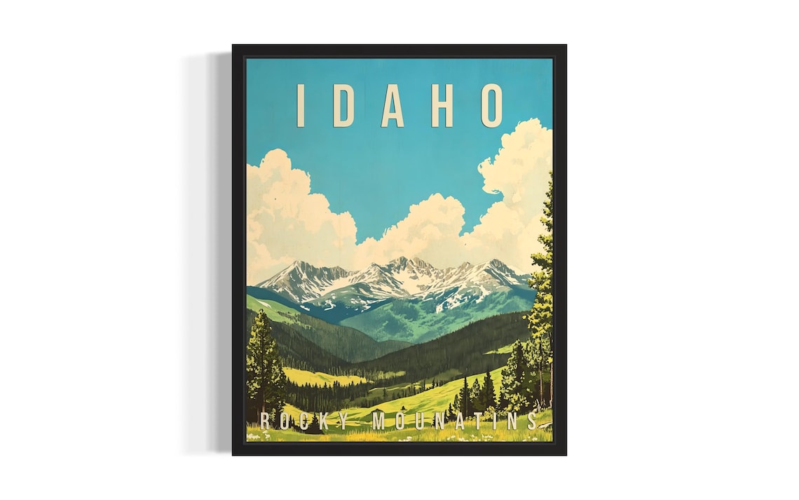 Idaho Rocky Mountains Snowy Peaks Vintage Travel Style Poster