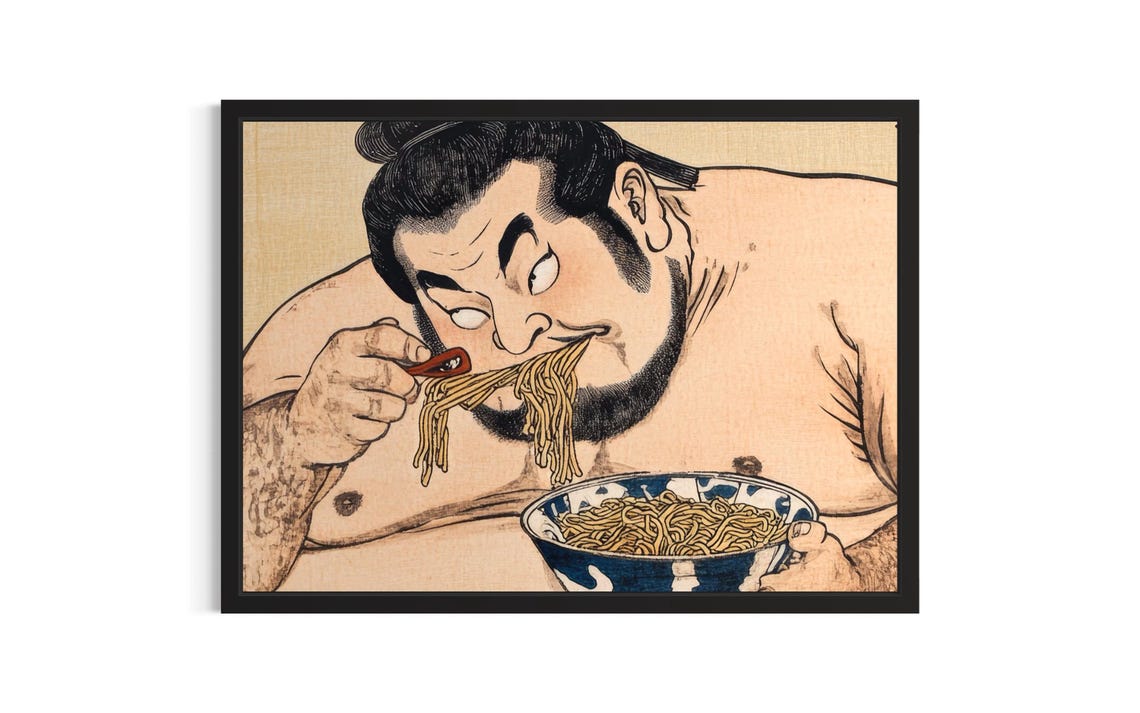 Sumo Wrestler Eating Noodles Ukiyo-e Japanese Art Style Poster