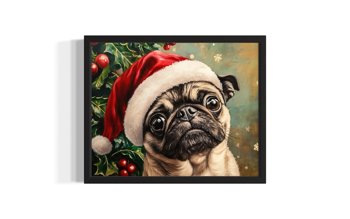 Adorable Pug Dog in Santa Hat with Christmas Holly Painting Poster