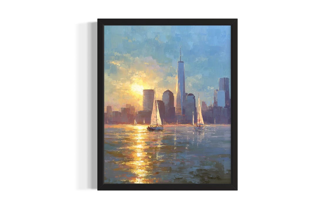 Golden Sunset Harbor Skyline Sailboats Water Reflections Art Poster