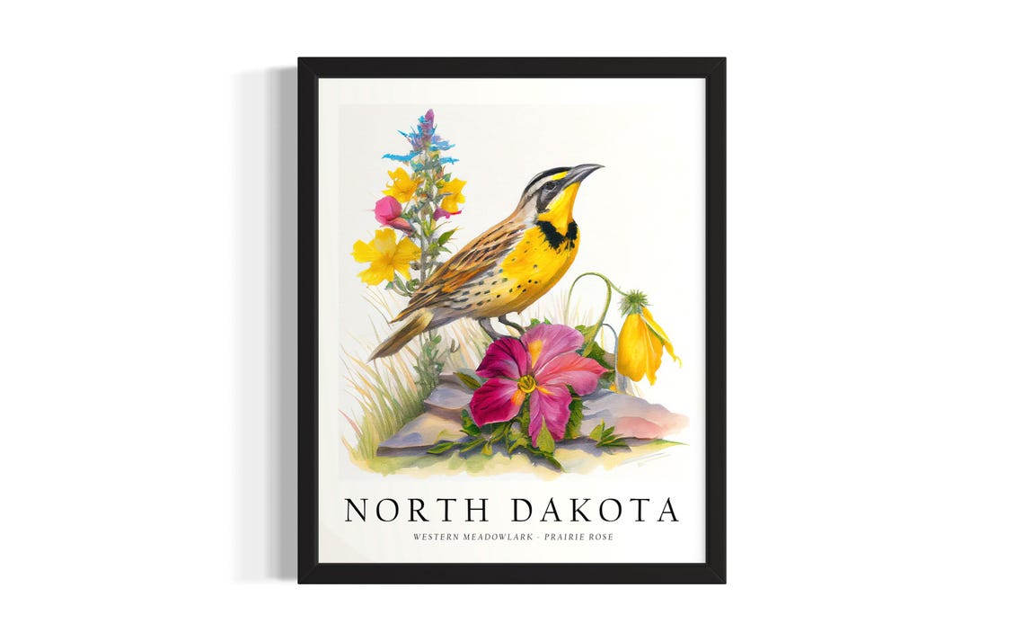 North Dakota Western Meadowlark Prairie Rose Bird Art Poster