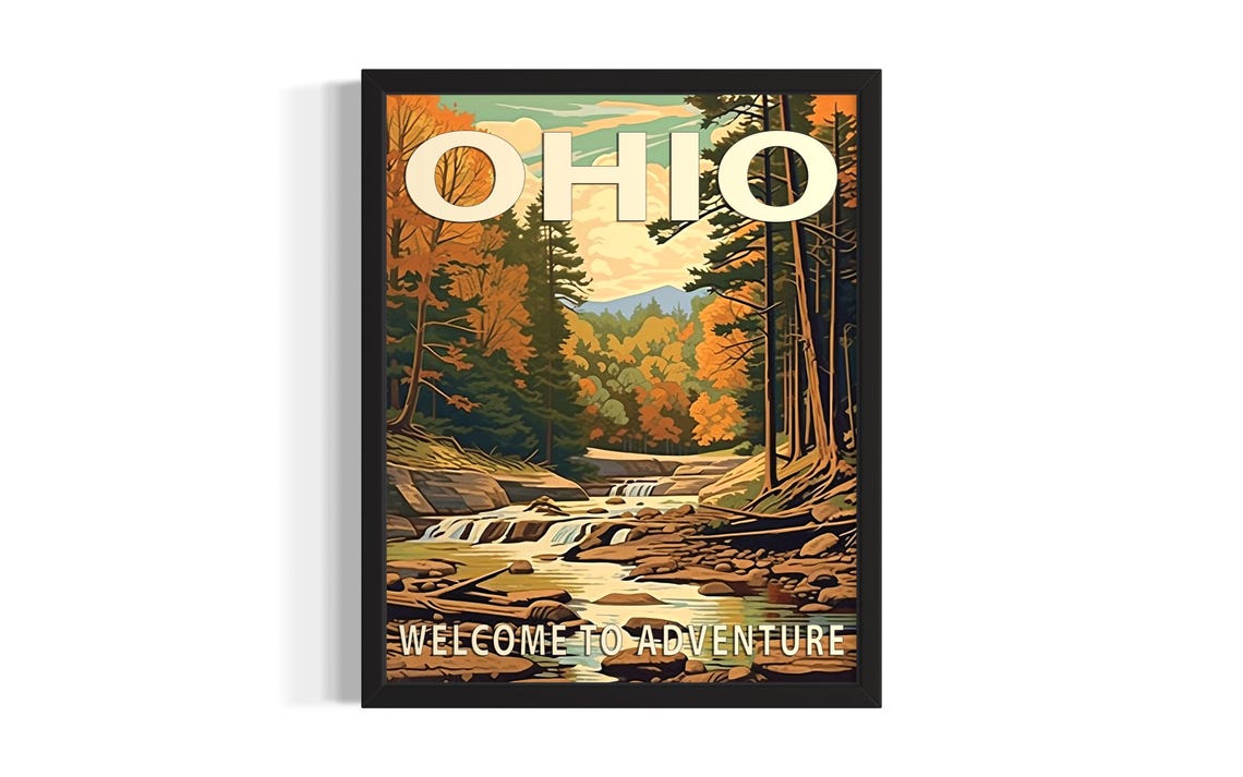 Ohio Autumn Waterfall Vintage Style Adventure Travel Art Poster