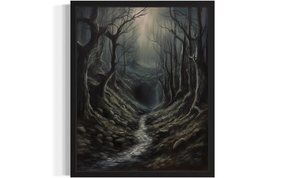Dark Forest Path Leading To A Black Tunnel Mysterious Night Poster