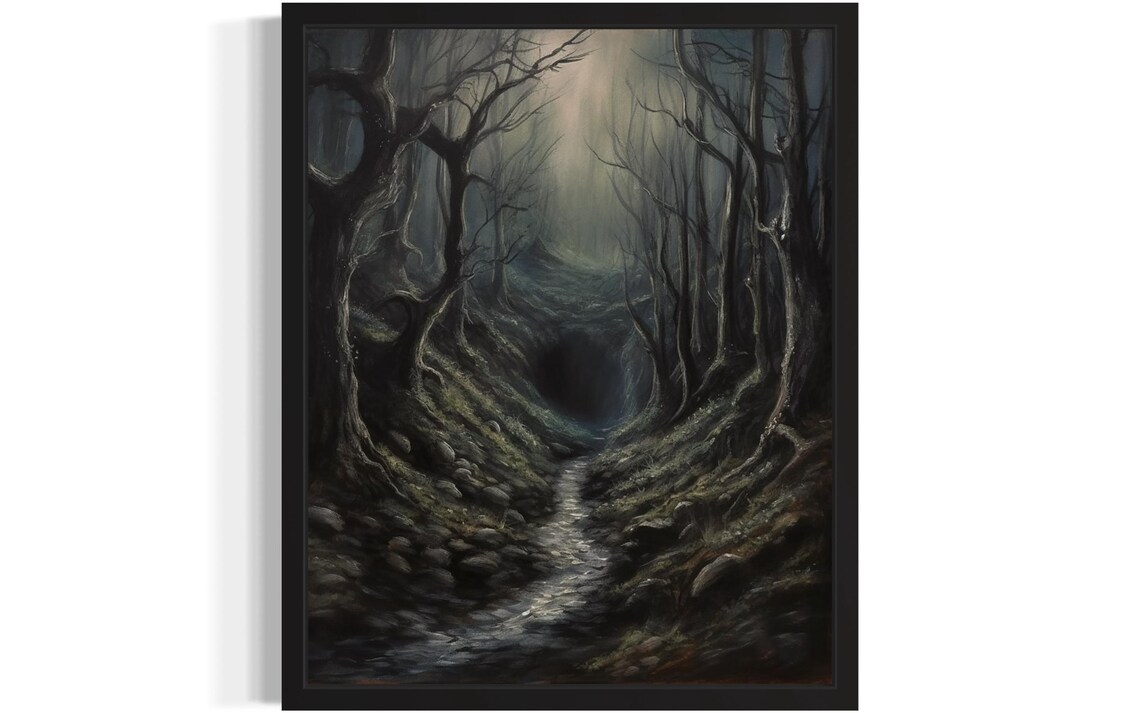 Dark Forest Path Leading To A Black Tunnel Mysterious Night Poster