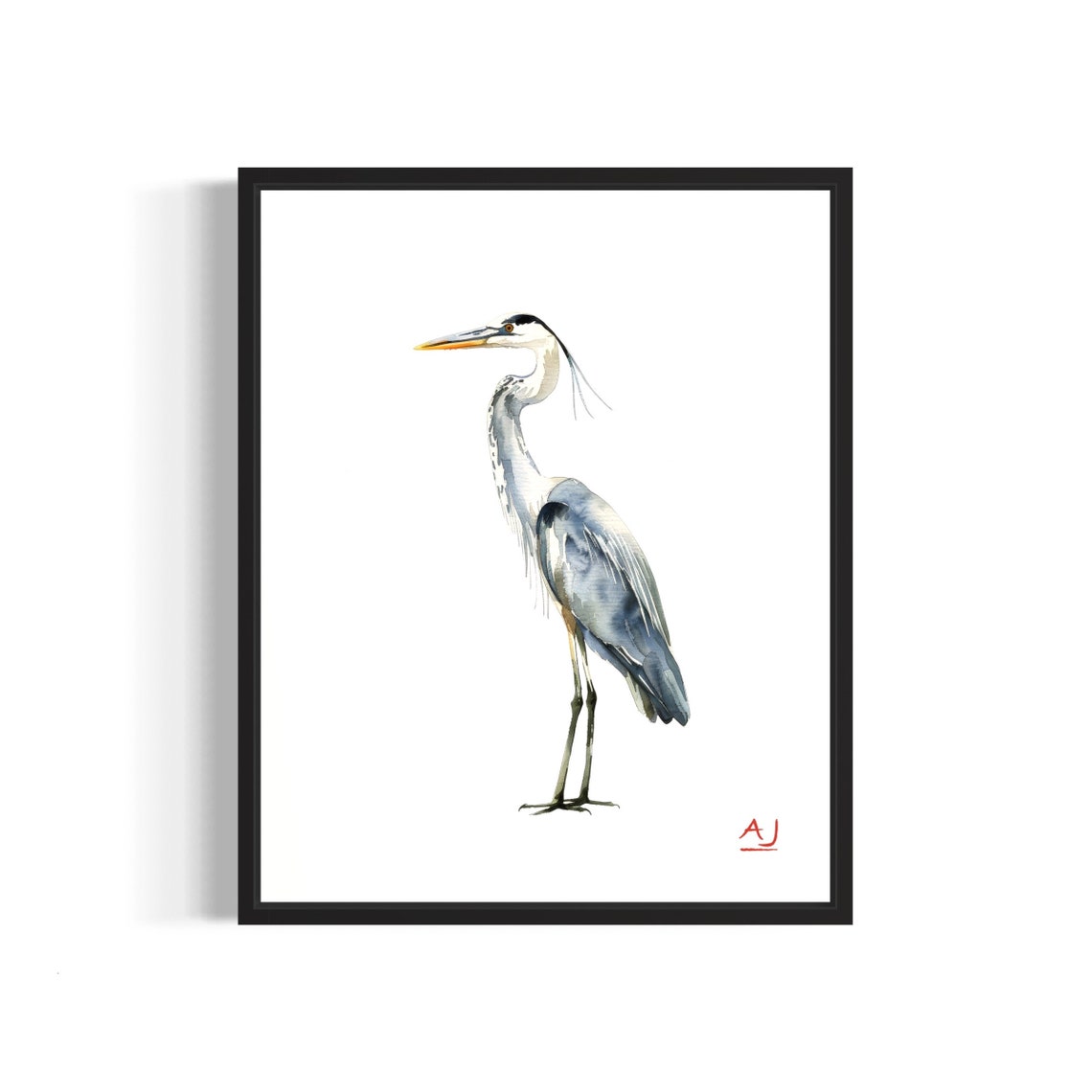 Grey Heron Wading Through Marsh Water Watercolor Painting Poster