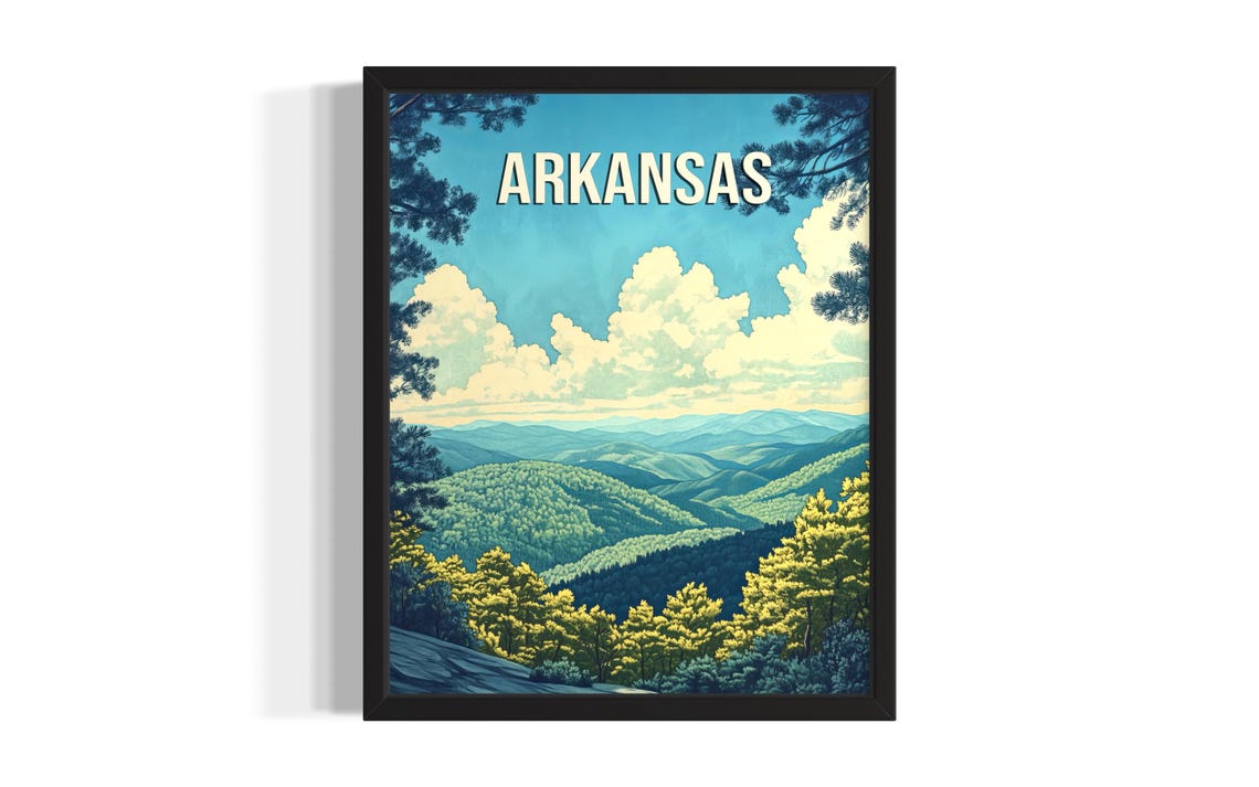 Arkansas Mountain Overlook Layered Peaks Retro Travel Poster