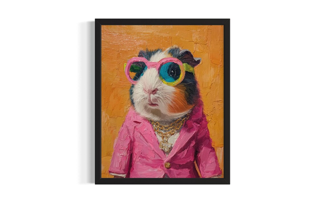 Guinea Pig Hip Hop Portrait Rainbow Glasses Pink Suit Gold Poster