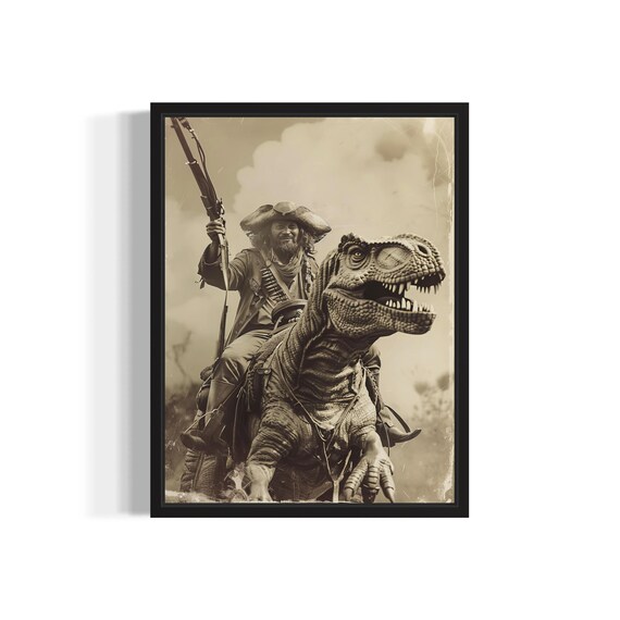 Tyrannosaurus Riding Cowboy Vintage Sepia Fantasy Photo Poster