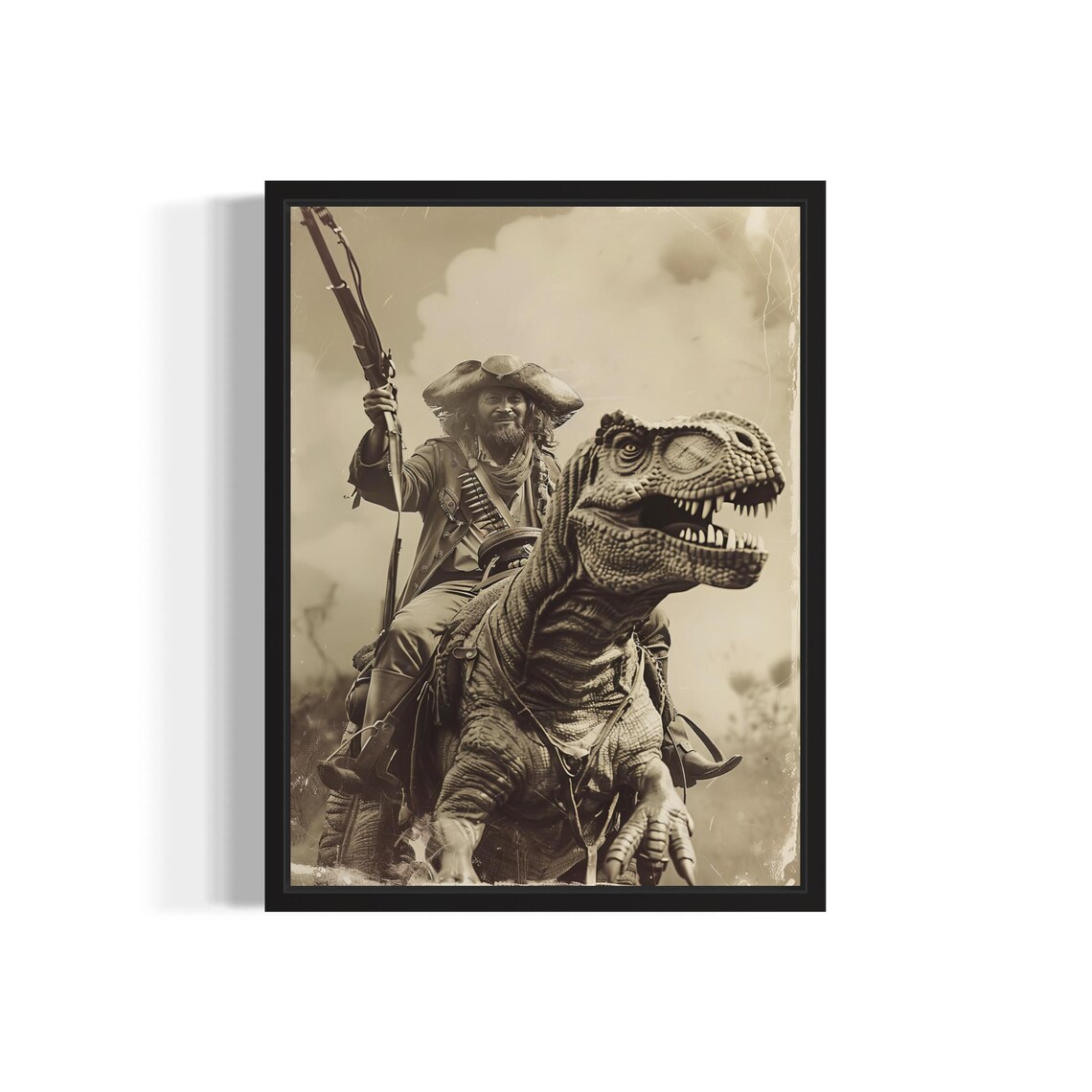 Tyrannosaurus Riding Cowboy Vintage Sepia Fantasy Photo Poster
