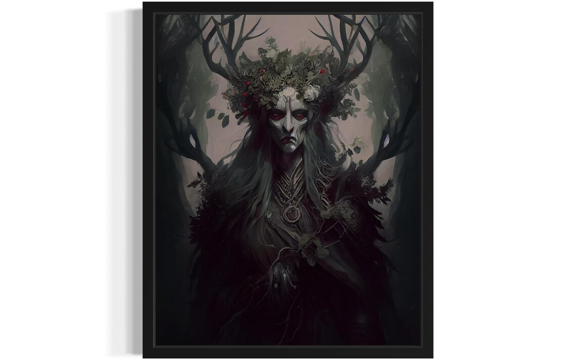 Antlered Forest Druid Woman With Red Eyes Dark Fantasy Art Poster