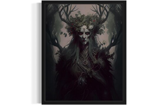 Antlered Forest Druid Woman With Red Eyes Dark Fantasy Art Poster