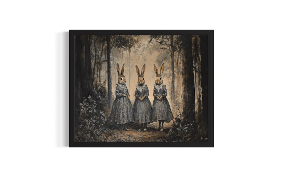 Three Rabbits in Victorian Dresses Dark Woodland Animal Art Poster
