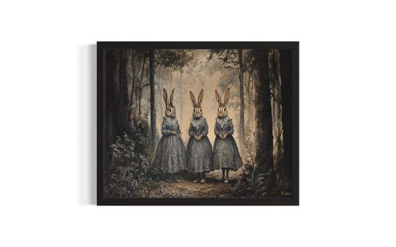 Three Rabbits in Victorian Dresses Dark Woodland Animal Art Poster