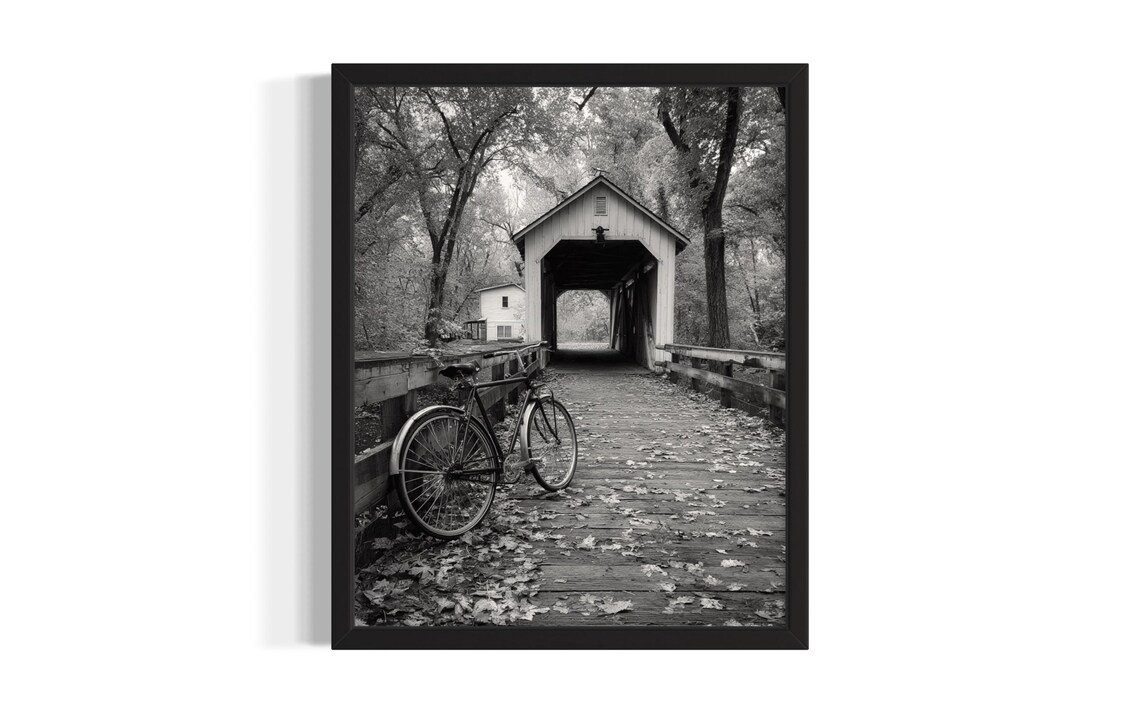 Black and White Covered Bridge Bicycle Autumn Leaves Photo Poster
