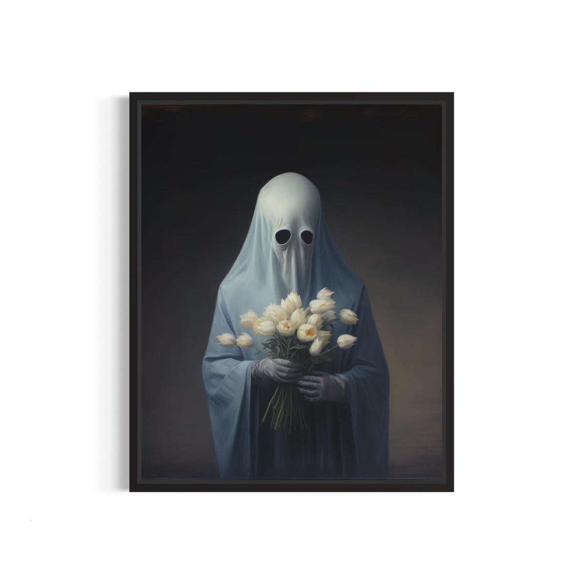 Ghost Holding White Tulip Bouquet Dark Gothic Floral Art Poster