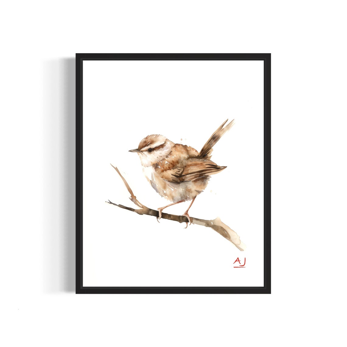 Tiny Brown Wren Perched on a Twig Watercolor Songbird Art Poster
