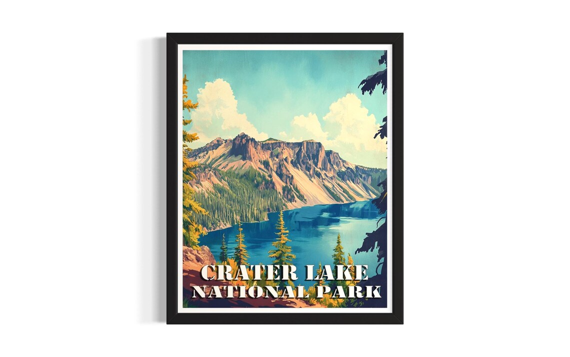 Crater Lake National Park Vintage Deep Blue Lake Travel Poster