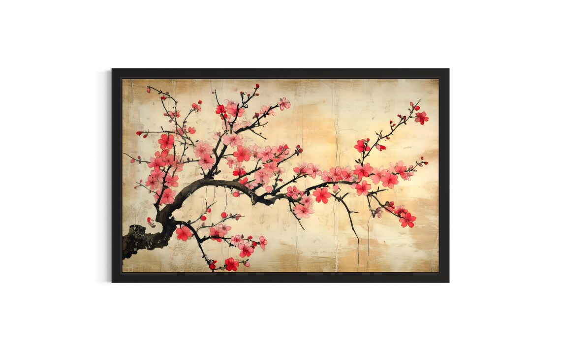 Pink Cherry Blossoms Branch Japanese Minimalist Floral Art Poster
