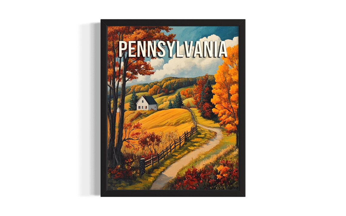 Pennsylvania Fall Foliage Golden Hills Farm Road Autumn Art Poster