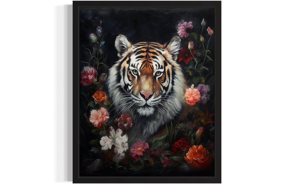 Majestic Tiger Face Surrounded By Flowers Dark Painting Poster