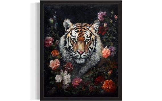 Majestic Tiger Face Surrounded By Flowers Dark Painting Poster