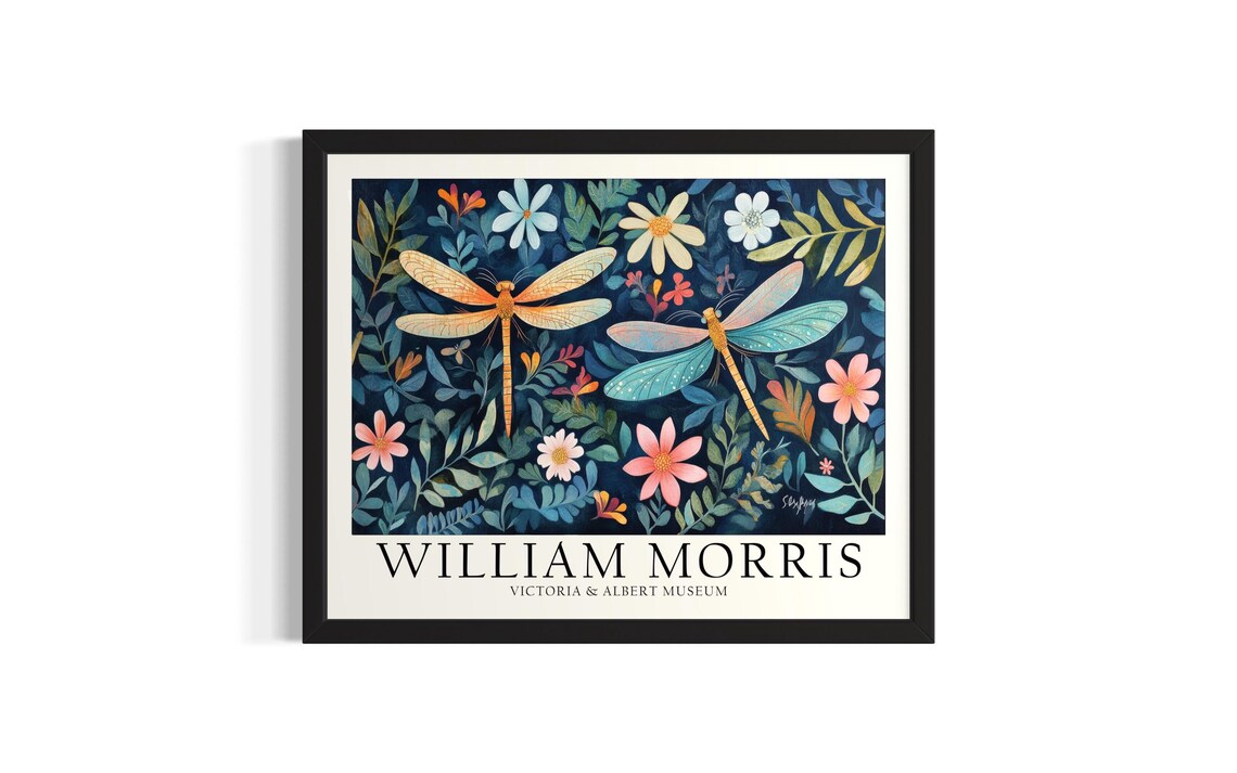 Two Dragonflies Among Colorful Blossoms William Morris Style Art Poster