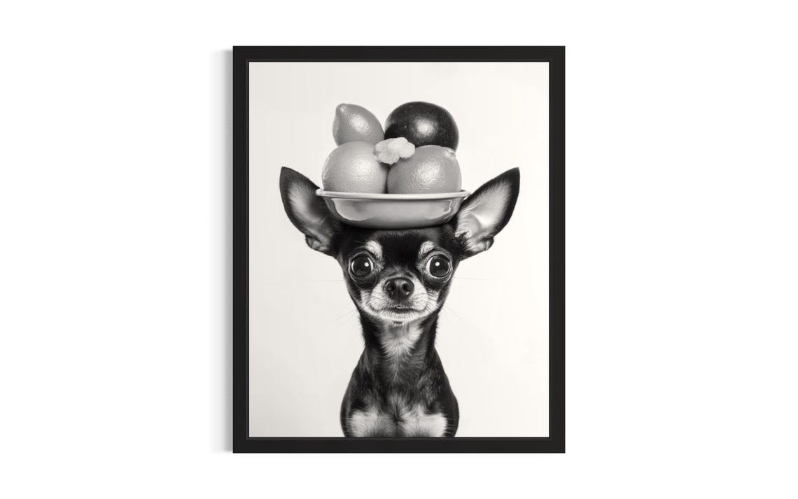 Chihuahua Balancing Fruit Bowl Black and White Kitchen Dog Poster