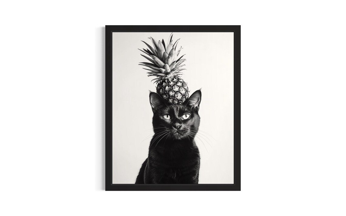 Black Cat Balancing Pineapple Black And White Cat Portrait Poster