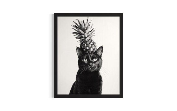 Black Cat Balancing Pineapple Black And White Cat Portrait Poster